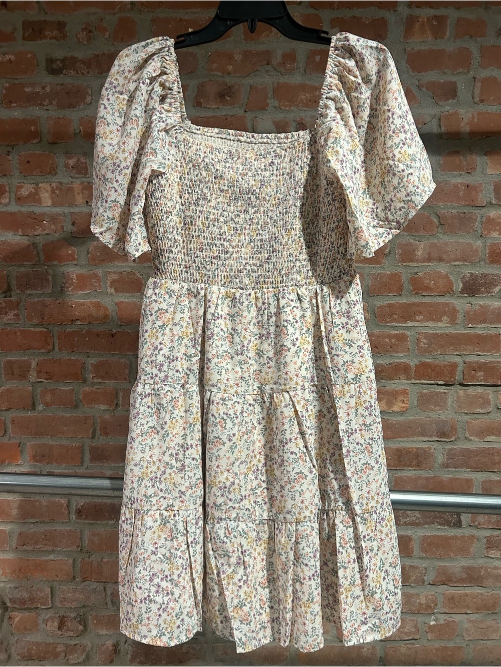 H&M Cream Floral Midi Dress with Puff Sleeves
